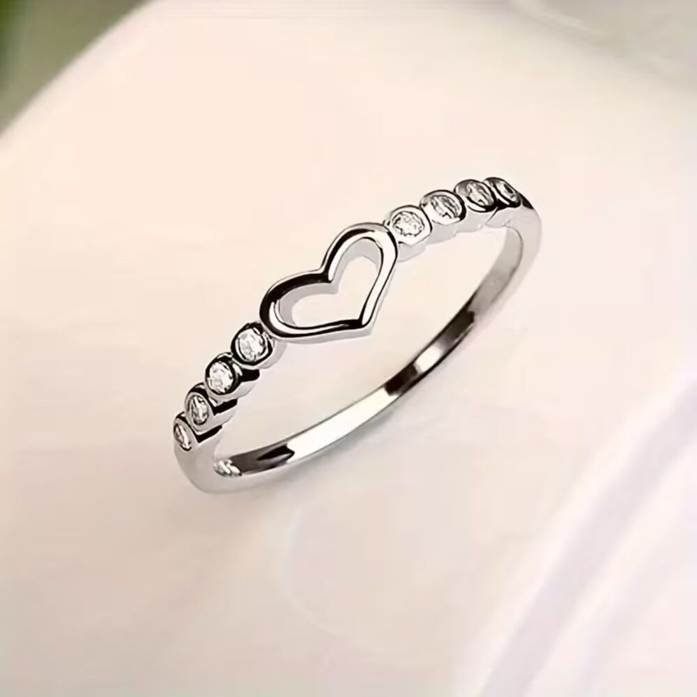 Open Heart Zirconia Clear Crystal Band Ring Silver Gemstone Promise Dainty Stack
